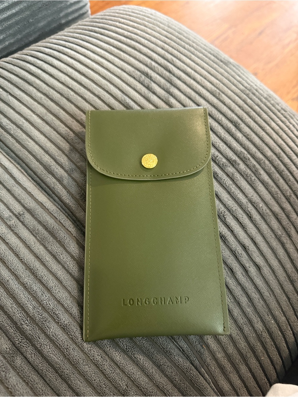 Longchamp Green Leather Phone Sleeve with Gold-Tone Snap new!
